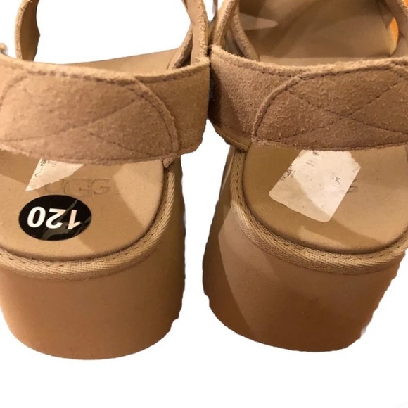 UGG Beige Suede NEW HEIGHTS Platform Sandals Size 10 NEW Adjustable No Box - Picture 8 of 10